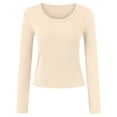 thumbnail image 4 of felwors Womens Crewneck Long Sleeve Shirt Double Lined Basic Tees Side Ruched Going Out Crop Tops Beige, M, 4 of 6