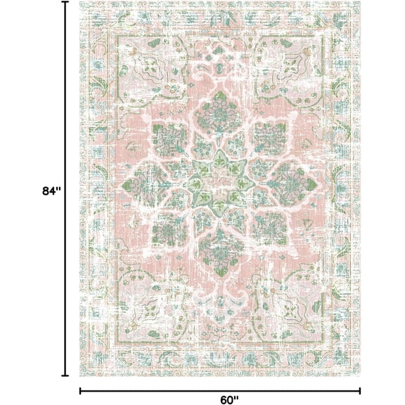 Boho Area Rugs Vintage Washable Neutral Modern Dusty Pink and Green 5x7 Non Slip Carpet