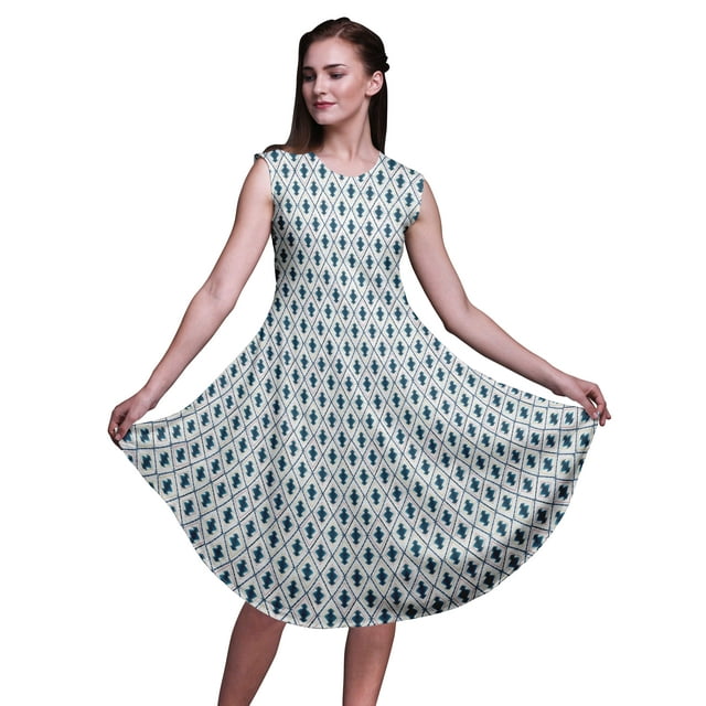 Bimba Robe Midi Évasée d'Été Sans Manches à Imprimé Floral Décontractée pour Femmes Ikat Shibori Bleue - Xxx-Grand