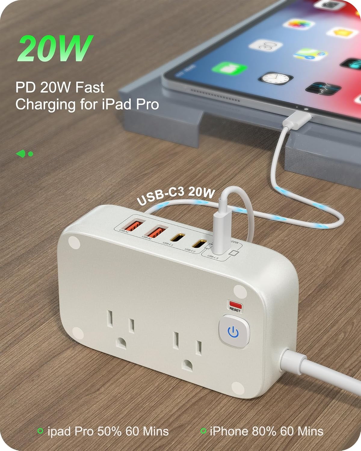 Power Strip with USB Ports, 20W USB C Fast Charging Station, 6FT Flat Extension Cord, 2 AC Outlets, 2 USB-A, 3 USB-C Ports for Multiple Devices (White)