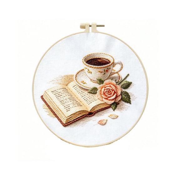 Coffee and Books DIY Stamped Embroidery Kit, Beginner Embroidery Kit for Adults, Stamped DIY Needlecraft Kit, Arts Crafts for Home Decor