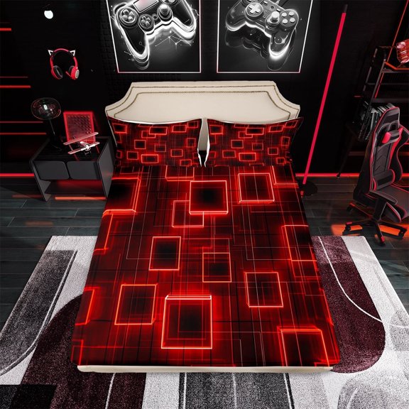 Geometry Kids Sheet Set Full Size,Red Neon Light Black Sheets Geometric Grid Lines Bed Sheets Set,Modern Abstract Gradient Cubes Bed Set For Boys Girls Adults