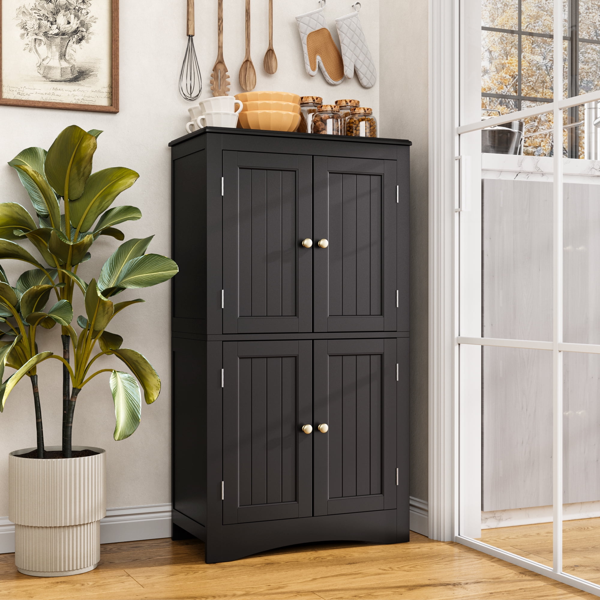 Pantry, Lofka Black 43" Kitchen Storage Cabinet with 4 Doors and Adjustable Shelves for Bathroom & Entryway