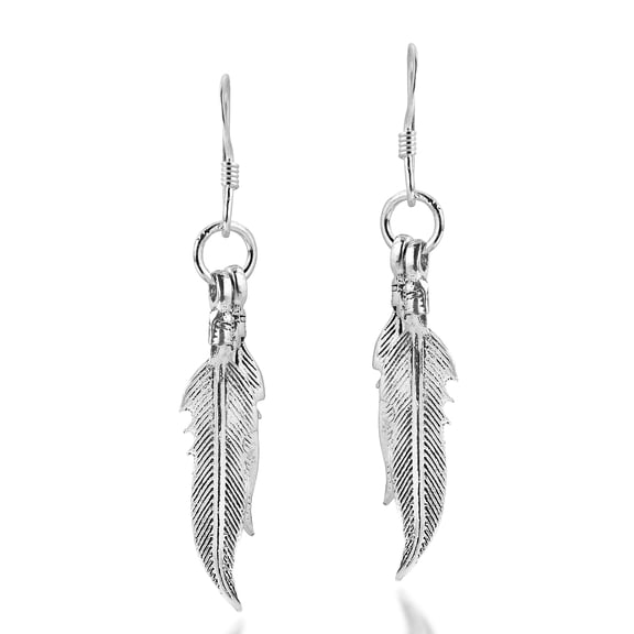 Amazing Double Feather Sterling Silver Dangle Earrings