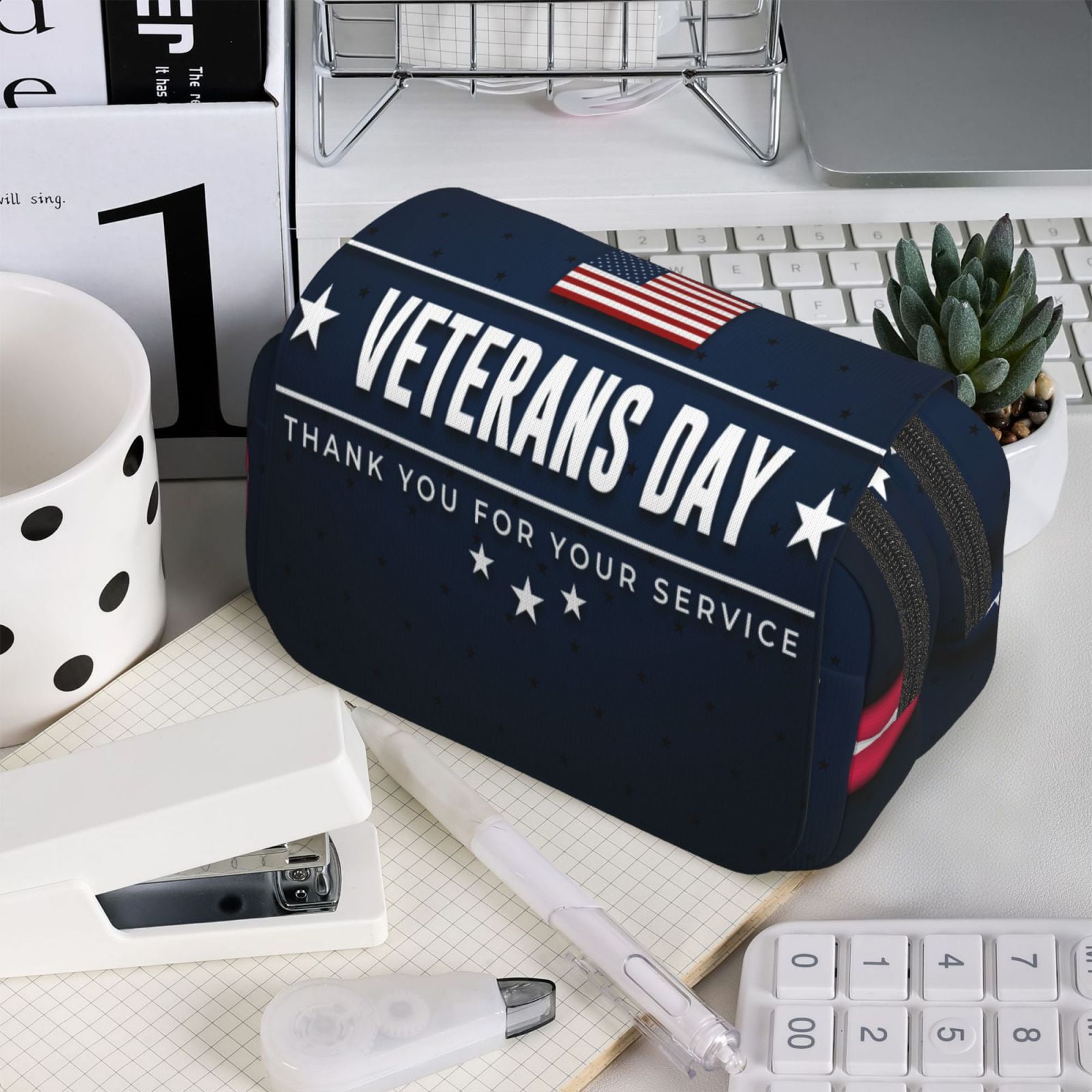 Rateoe Happy Veterans Day Pattern Double Clamshell Pen Case, Storage Organizer with Two Zipper Compartments– Holds Up to 50 Pencils & Pens