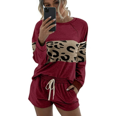 

Abollria Summer Women Pajama Set Loungewear Joggers Two piece Lounge Set Leopard Printed Short Sleeve Sweatsuit and Pjs Shorts Tracksuit Outfits Sleepwear Homewear