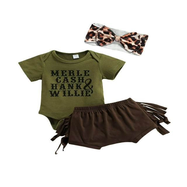 3Pcs Baby Girls Summer Tracksuits Print Short Sleeves Romper Solid Color Shorts Headband