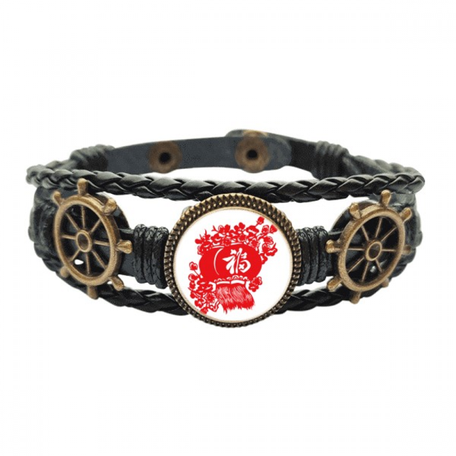 Red Lantern Chinese patrón tradicional Pulsera marina tejida en cuero
