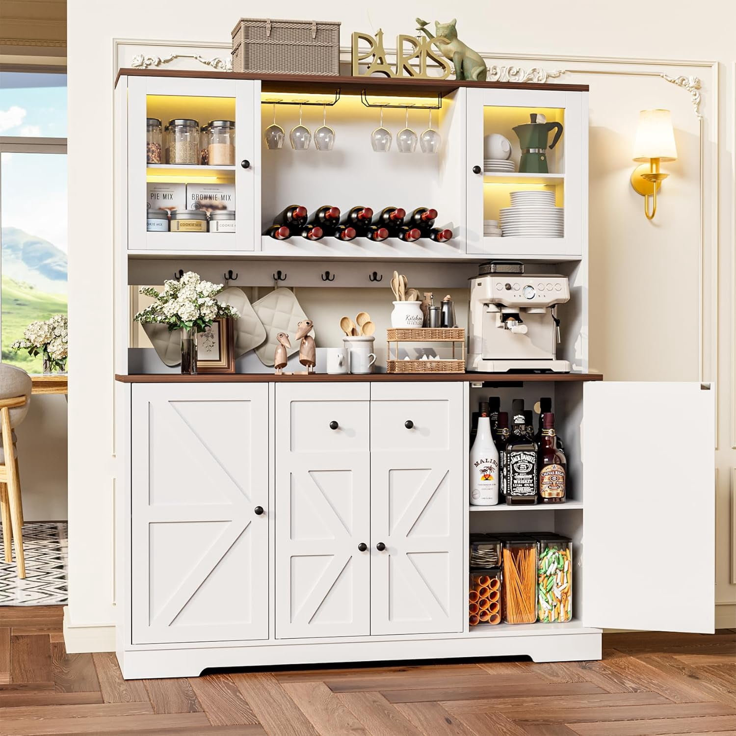 HAUXITIO 55"W Farmhouse Kitchen Pantry with Charging Station & Wine Rack,68" Tall Buffet Cabinet with Large Countertop for Dining Room,White