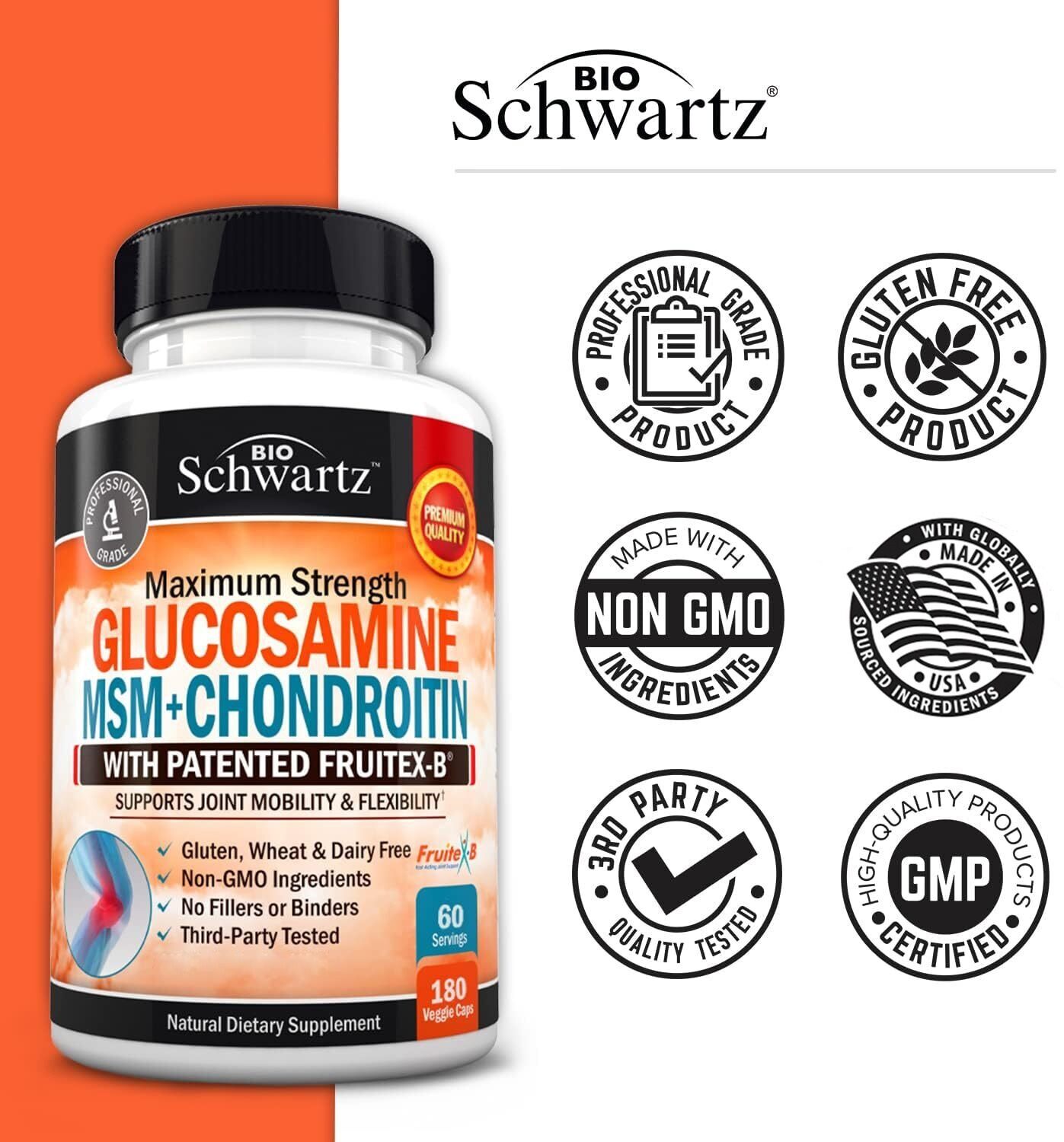 BioSchwartz Glucosamine MSM & Chondroitin Joint Support Supplement, 180 Capsules