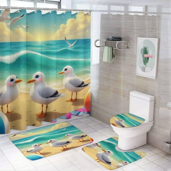 Beach Seagulls And Balls Shower Curtain Sets Non-Slip Rugs Bath Mat Toilet Cover U Shaped Mat 4 Pcs