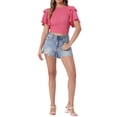 thumbnail image 2 of INSPIRAR CHIC Blusas cortas bohemias con lazo frontal para mujeres, con mangas cortas texturizadas, escote en V sexy, ropa de playa XL color rosa fuerte, 2 of 6