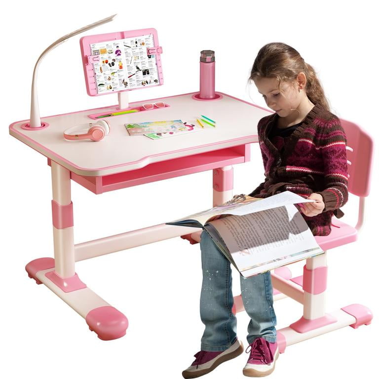 YNCE Kids Desk and Chair Set, Adjustable Height Children Study Table and Chair Set with Drawer, Cartoon Pattern Study Table for Toddlers