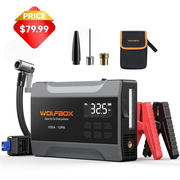WOLFBOX Car Jump Starter with Air Compressor, 2000A 150PSI Portable Car Battery Jump Box(5.0L Gas & 3.0L Diesel) with Digital Tire Inflator, 12V
