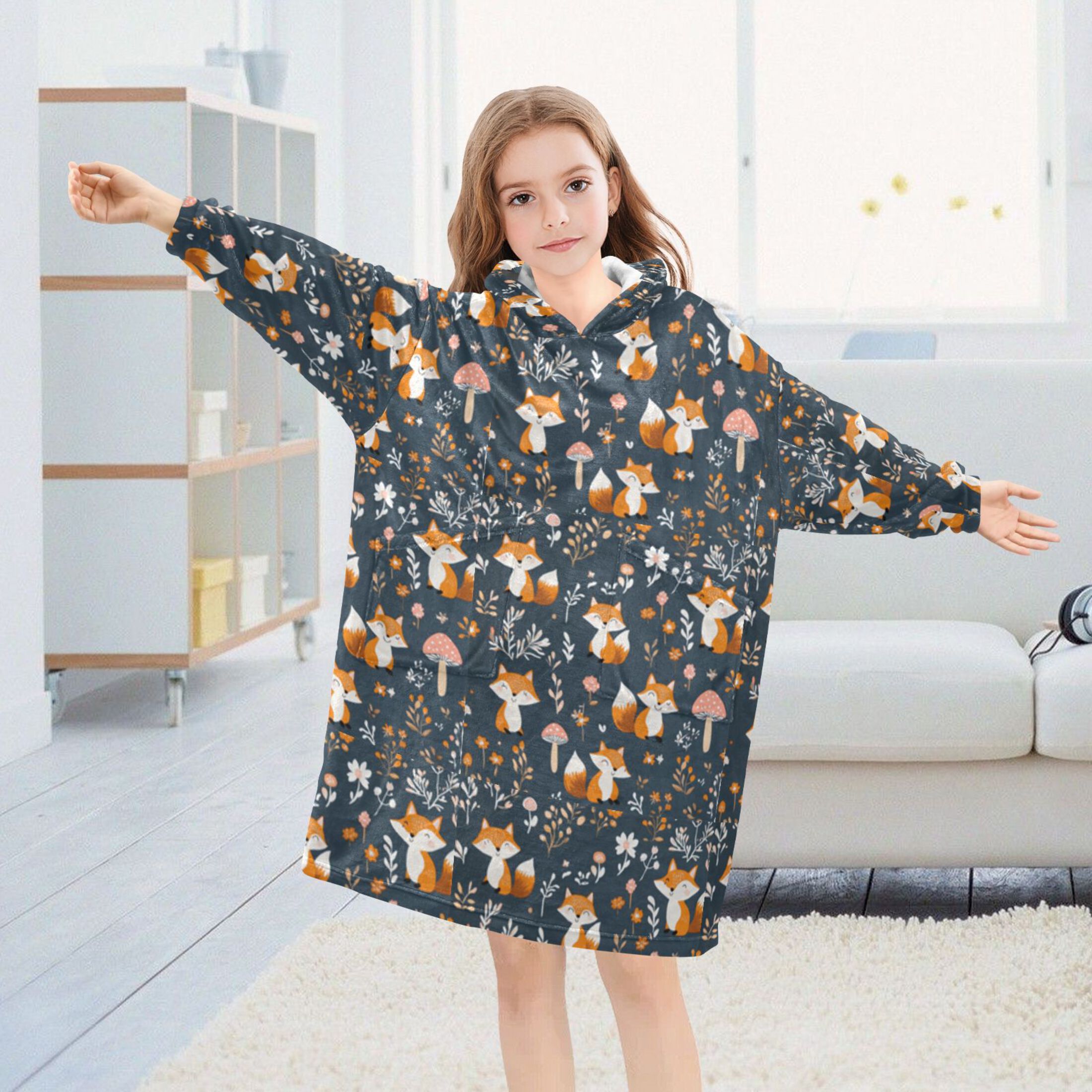 Wearable Blanket Hoodie for Kids Cute Fox and Mushrooms Flannel Hooded Blanket with Pockets and Sleeves Suitable for Boys and Girls
