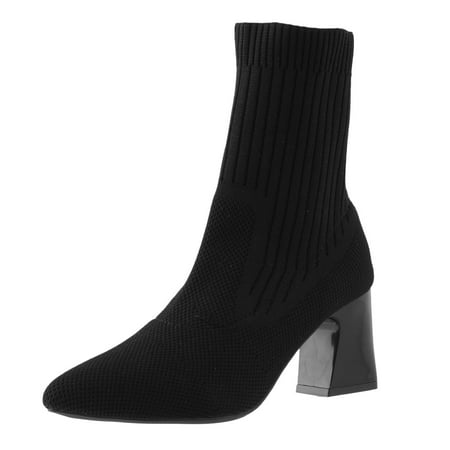 

Boots for Women Versatile Short Pointed Toe Thick Heels High Heels Knitted Elastic Socks Flying Weaving Boots