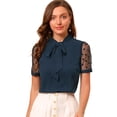 thumbnail image 1 of INSPIRE CHIC Blouse à Manches Courtes en Maille pour Femmes avec Nœud Papillon, Col en V et Col Montant, 1 of 6