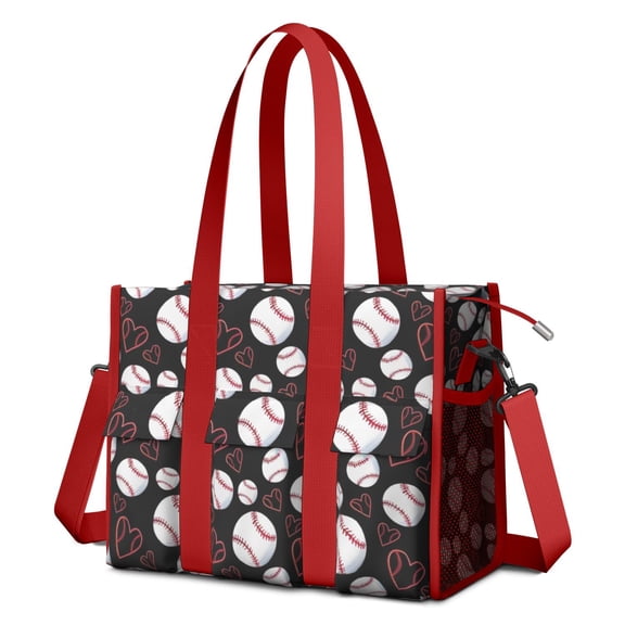 Teacher Tote Bag,Black Baseballs and Hearts Pattern Teacher Utility Tote Bag,Large Work Tote Bags for Women with Multiple Pockets,Top Zipper Closure,13.8x10.6x6.7 Inch