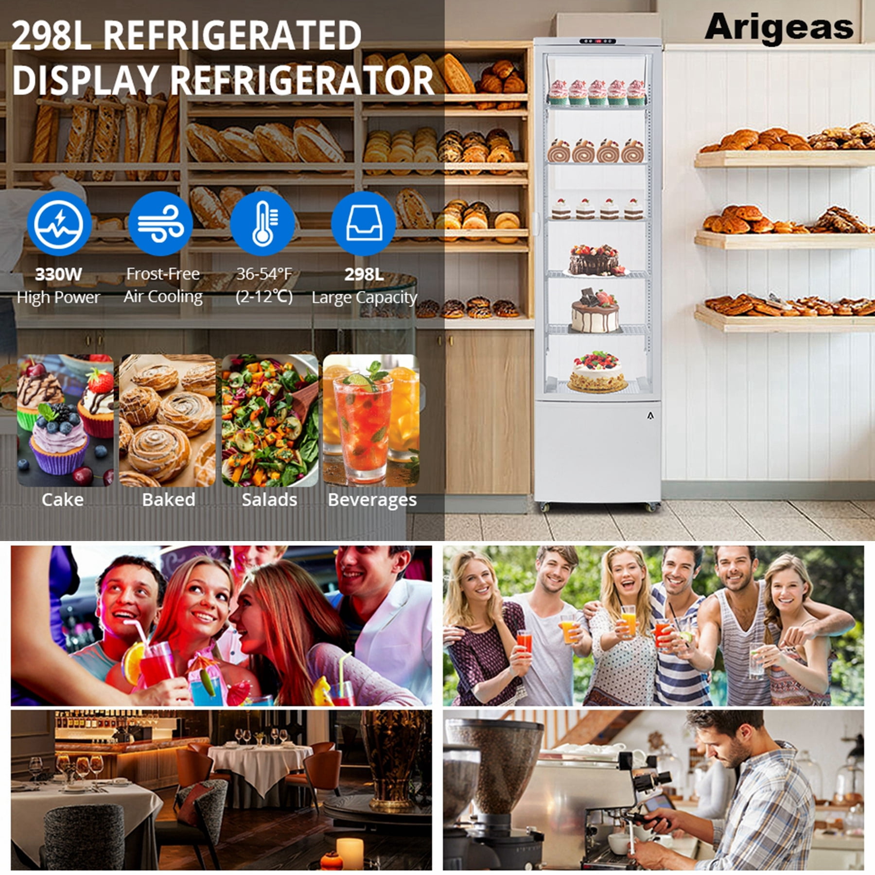 6-Tier Upright Commercial Refrigerator Display Case with Universal wheel,10.52 Cu.FT Single-Door Countertop Pastry Display Case with Interior LED Lighting,Double-Layered Glass