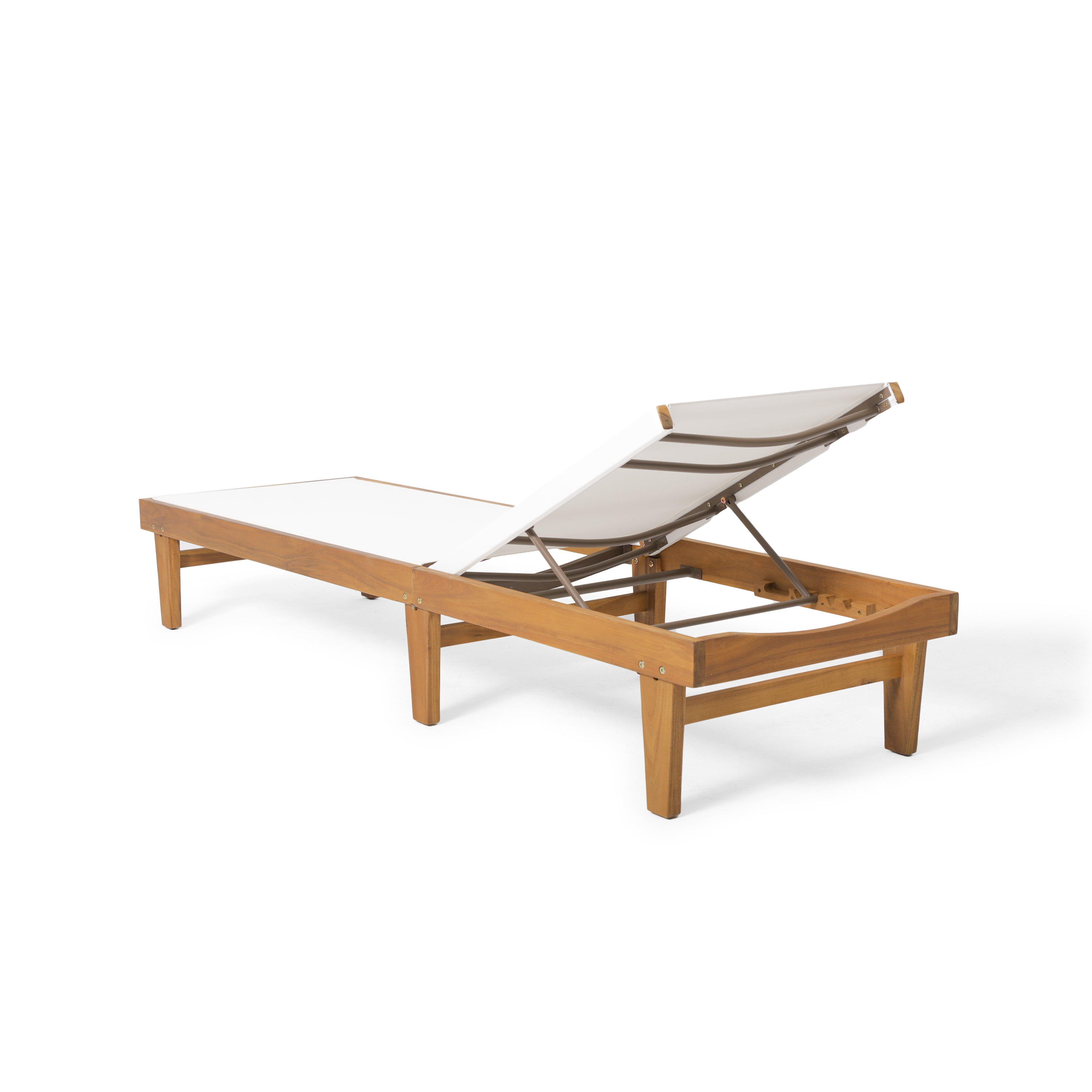 Outdoor Acacia Wood Frame Mesh Chaise Lounge, Poolside Rest Recliner with White Mesh Surface