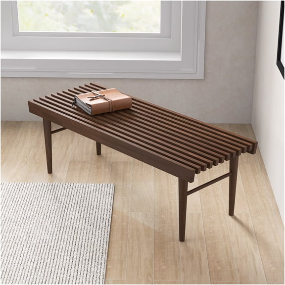 JERFIT Mid-Century Modern Walnut Wood Bench for Entryway, Living Room & Bedroom, Solid Wood Storage Seat