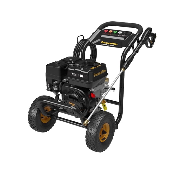 Poulan Pro Gas Pressure Washer, 3400 PSI & 2.6 GPM, 212cc 4-Cycle High Pressure Washer with 30ft Hose, 21" Spray Lance, 5 Nozzles for Cleaning Cars Driveways Patios Fences Furnitures