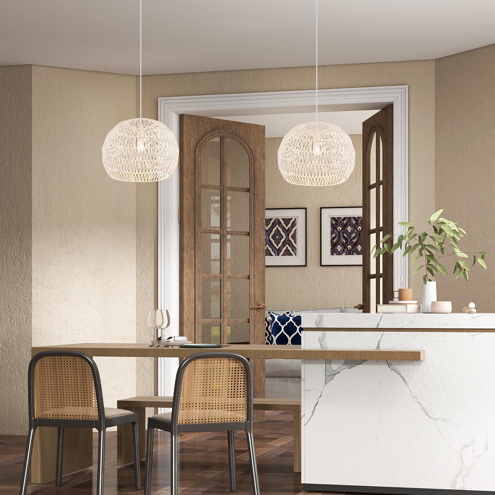 Costway 17.5'' Round Paper Pendant Ceiling Light Fixture with Adjustable Hanging Rope