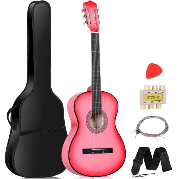 SuperDeal 38-Inch Round Shoulder Acoustic Guitar Kit 6 Strings Full Size Classic Beginners Children Adults All-Solid Wood with Carrying Case, Strap, Tuner and Pick, Pink