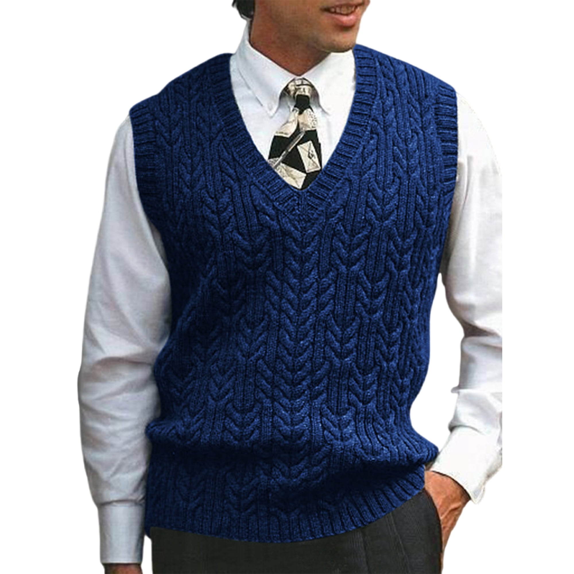 MAWCLOS Mens Sweaters Sleeveless Pullover Cable Knit Sweater Vest Knitwear Work V Neck Jumper Tops Royal Blue XL