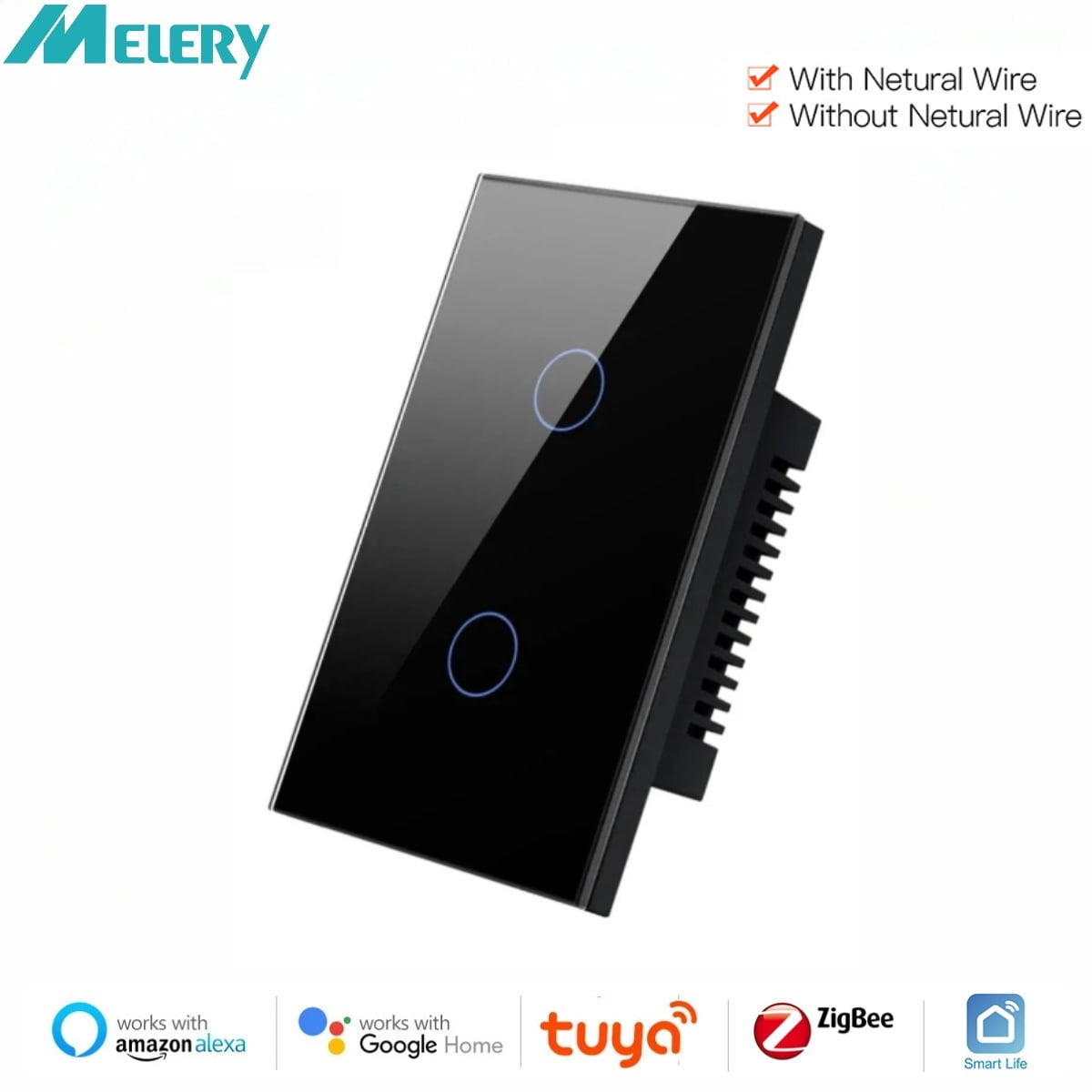 Melery Zigbee Smart Light Switch with/without Neutral Wire Wall Touch Sensor Glass Panel Voice Remote by Tuya Alexa Google Home
