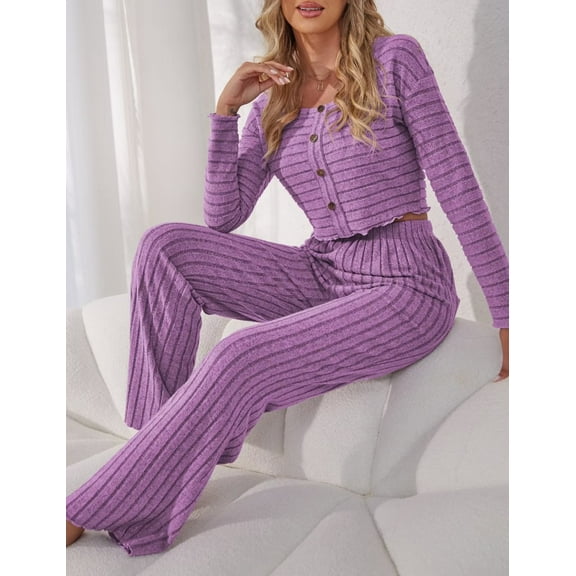 FOLUNSI Women's long sleeved casual pajama set Two piece soft Sleepwear S-XL