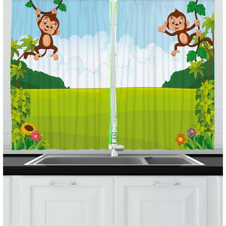 Nursery Curtains 2 Panels Set Cute Playful Monkeys Hanging On