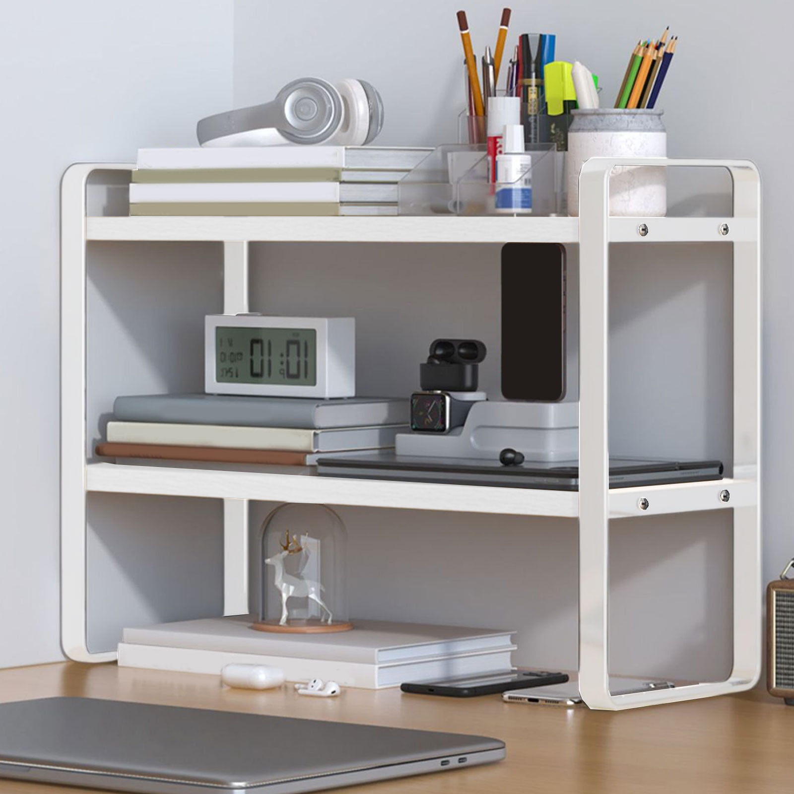 Votnto Double-Tier Desktop Storage Shelf Student Desk Organizer, Office Computer Desk Tiered Shelf for Books Accessories