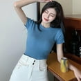 thumbnail image 3 of Women's Spring/Summer O Neck Solid Short Sleeve Tee T-Shirt Knitted Sexy Slim Pullover T-Shirt, 3 of 6