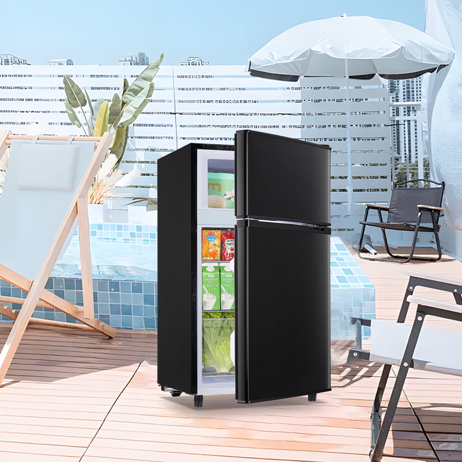 JIEJIA 3.5 Cu.ft Mini Fridge with Freezer, Double Door Compact Refrigerator, 7-Temp Adjustable, Removable Glass Shelves for Kitchen, Dorm, Office, Apartment, Black
