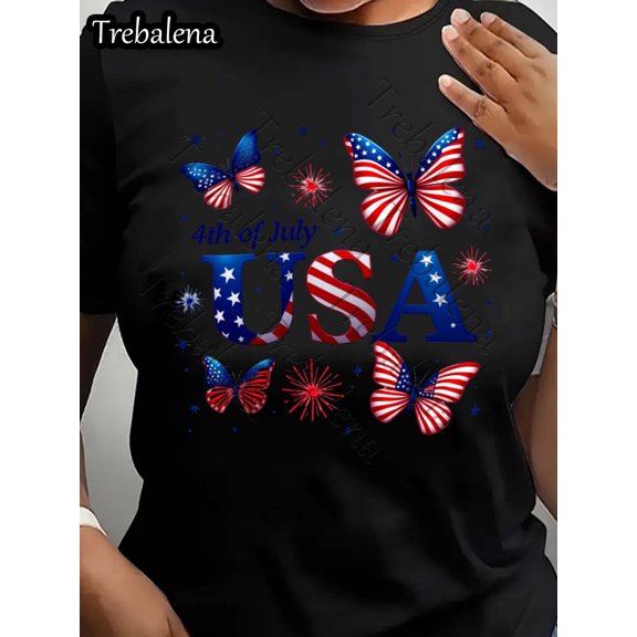 Women's Retro 4th of July USA Patriotic Butterfly Graphic Tee Independence Day Stars and Stripes Summer T-Shirt Red White and Blue Fashion Top