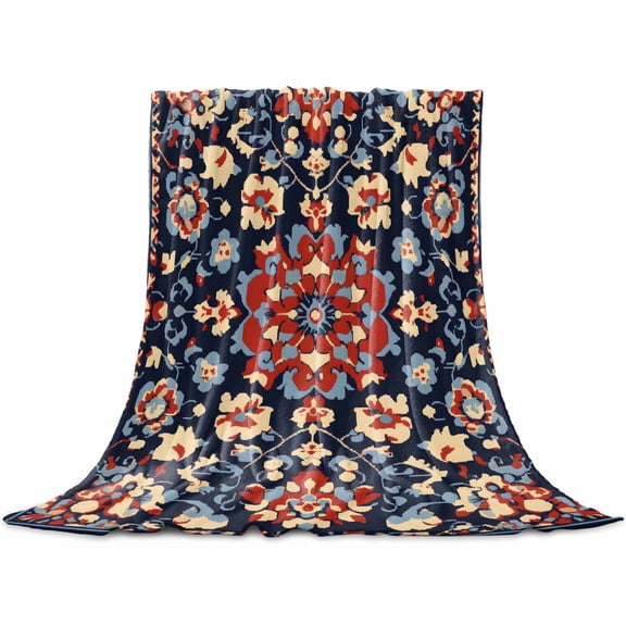 Red Blue Geometric Flannel Blanket for Bed, Ethnic Vintage Southwest Floral Soft Cozy Warm Couch Throw Blanket, Lightweight Fluffy Plush Bedding Blankets for Sofa Decor All Season 60"x80"