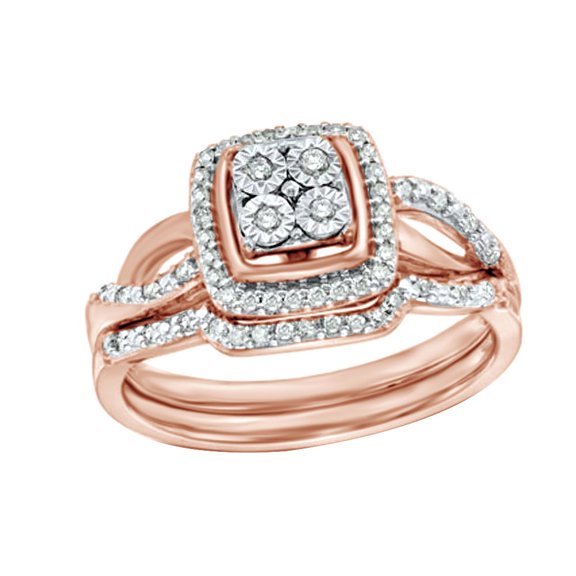 AFFY White Natural Diamond Square Frame Bridal Ring Set In 10k Rose Gold (0.25 Cttw)