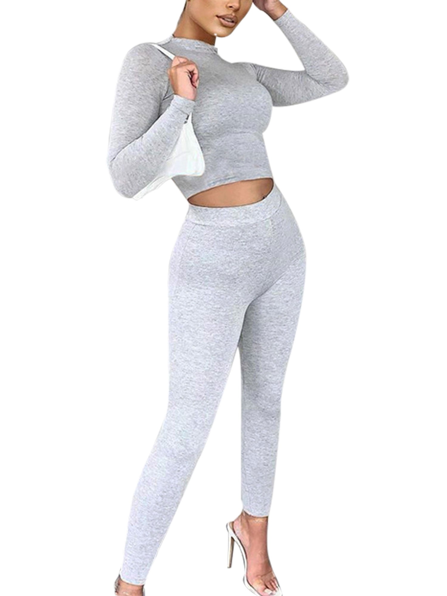 Women Slim Long Sleeve Workout Set 2 Piece Tracksuit - Seamless High Waist  Leggings and Crop Top Yoga Activewear Set - Walmart.com