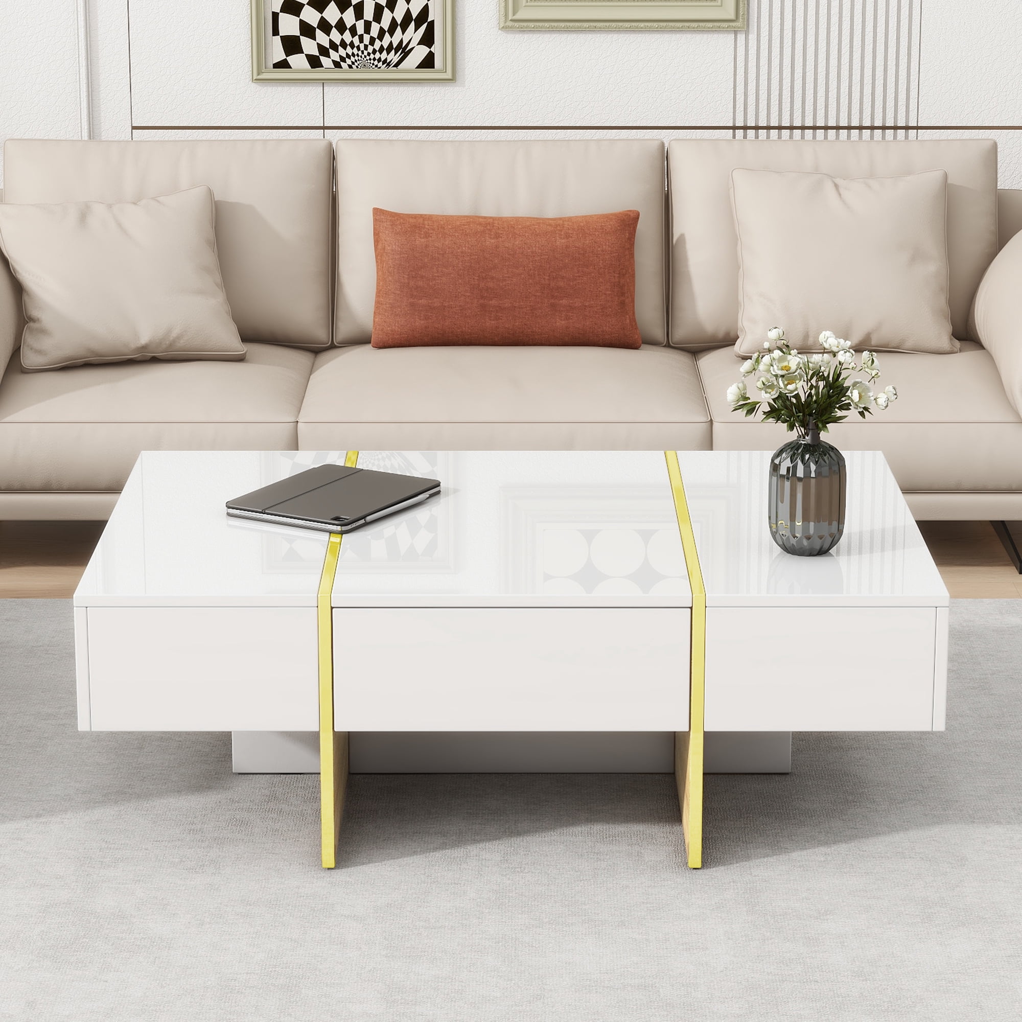 Euroco Modern Rectangle High-Gloss Coffee Table with Gold Trim and Hidden Storage Drawers, 47.2", MDF Finish