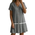thumbnail image 5 of Womens Button Down Dress Loose Summer Cotton Linen Dress Ruffle Hem Casual Dress Short Sleeve Tunic Dress Gray XL(XL), 5 of 8