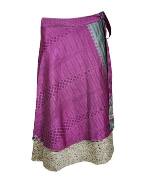 Mogul Women Pink Vintage Wrap Skirt Beach Wear Reversible 2 Layer Floral Print Cover Up Sarong Dress