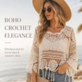 thumbnail image 3 of Women's Plain Fringe Trim Cut Out Sheer Cover Up, Boho Scallop Trim Sarong 3/4 Sleeve One Size for Vacation Poolside, 3 of 5