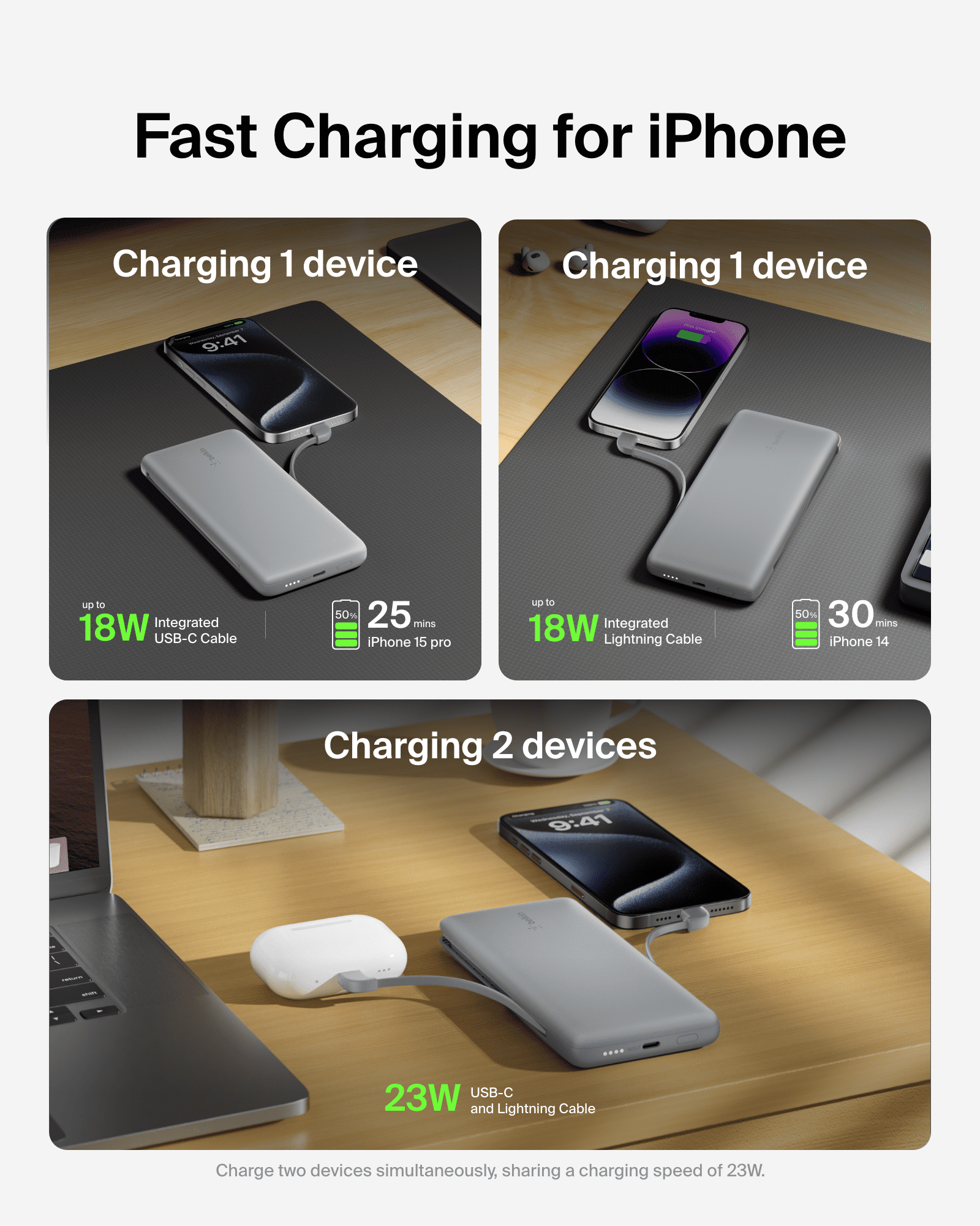 Belkin Portable Charger, Power Bank 10000 mAh, 23W w/Integrated Lightning Cable & USB-C Cable - iPhone Charger Battery Pack for Apple iPhone 16, 15, 14, Galaxy S25, Pixel 9, Travel Essentials - Gray