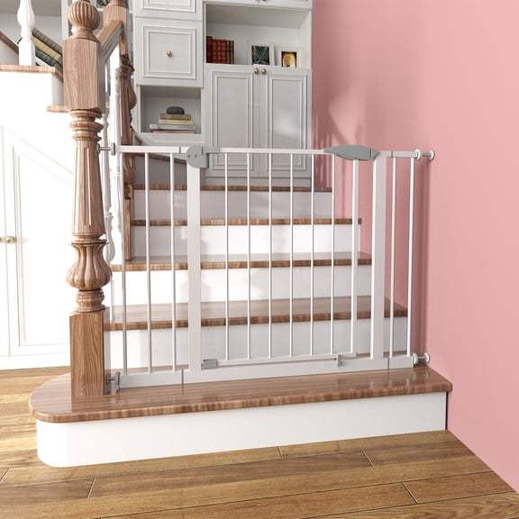 29.5-45.3" Wide Baby Gate for Stairs, Dog Gate Indoor for Doorways, No Drilling Pressure Mounted Pet Gates for Kids, Easy Walk Through Safety Gate (White)