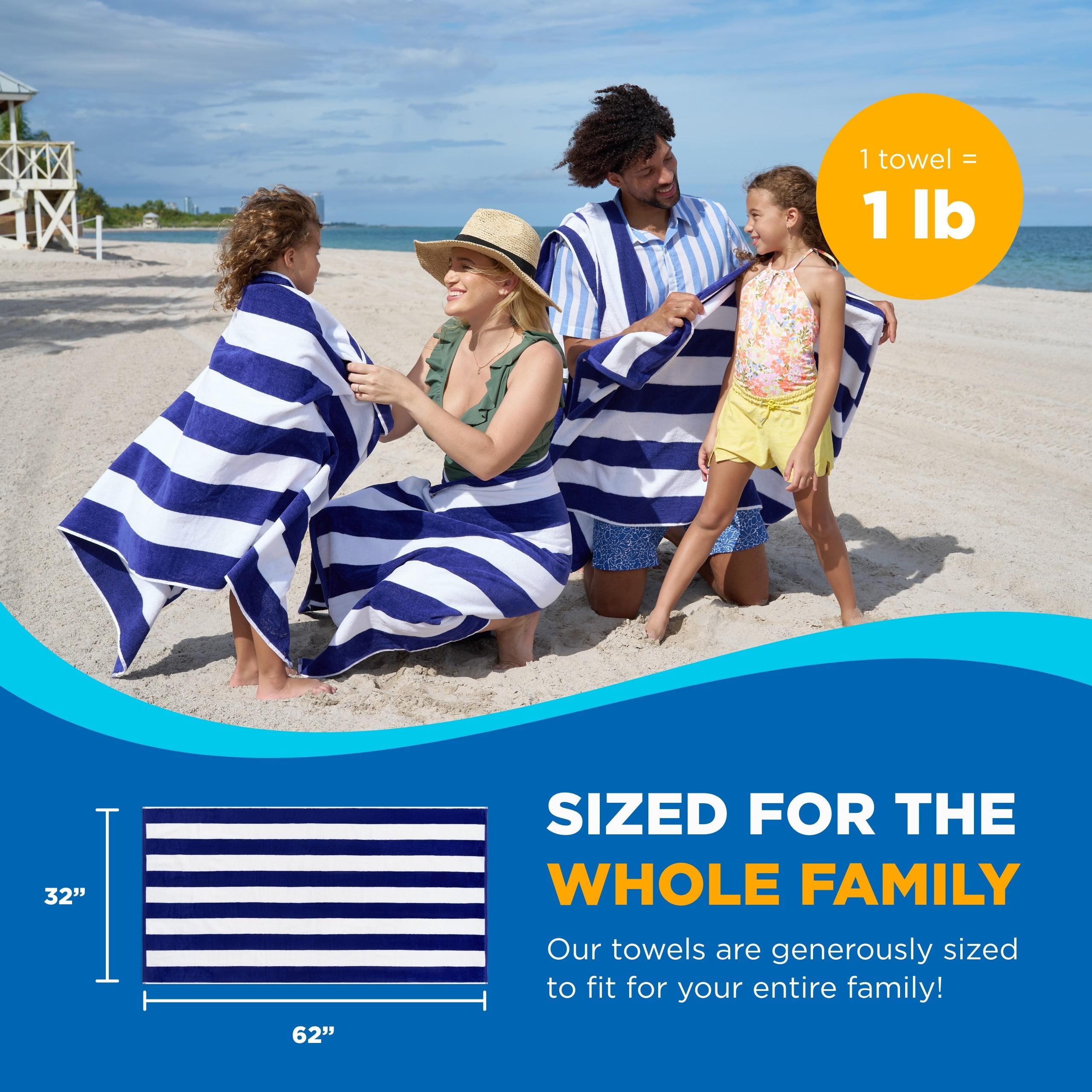 Ben Kaufman Joey Velour Striped Towel - Oversized & Absorbent Striped Beach Towels - Colorful Yarn Dye Stripe Cotton Towel for Swimming & More - Lightweight & Soft Swim Towels - Blue, 12 Pack
