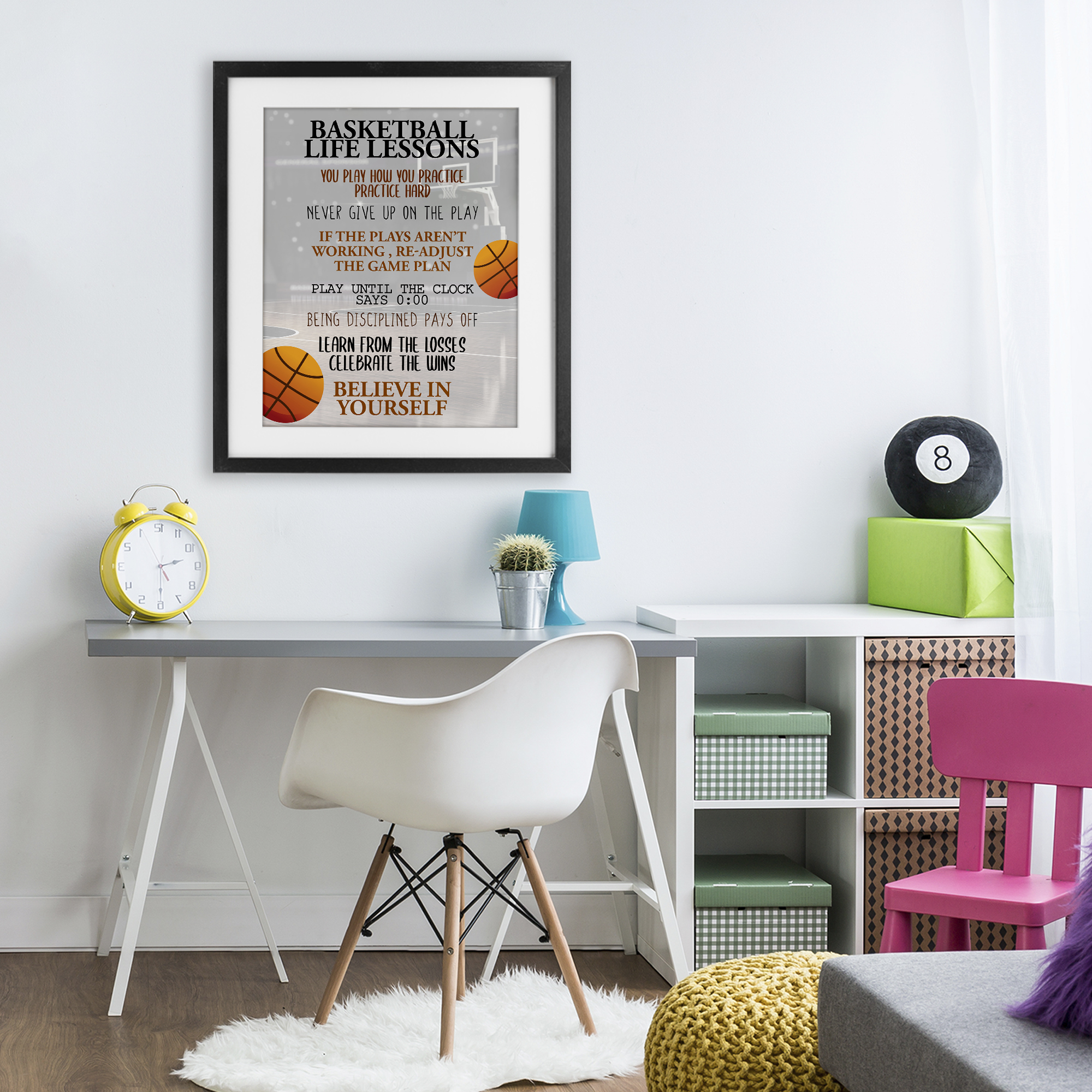 Basketball Life Lessons Black Framed Print Under Glass, design by Kim Allen