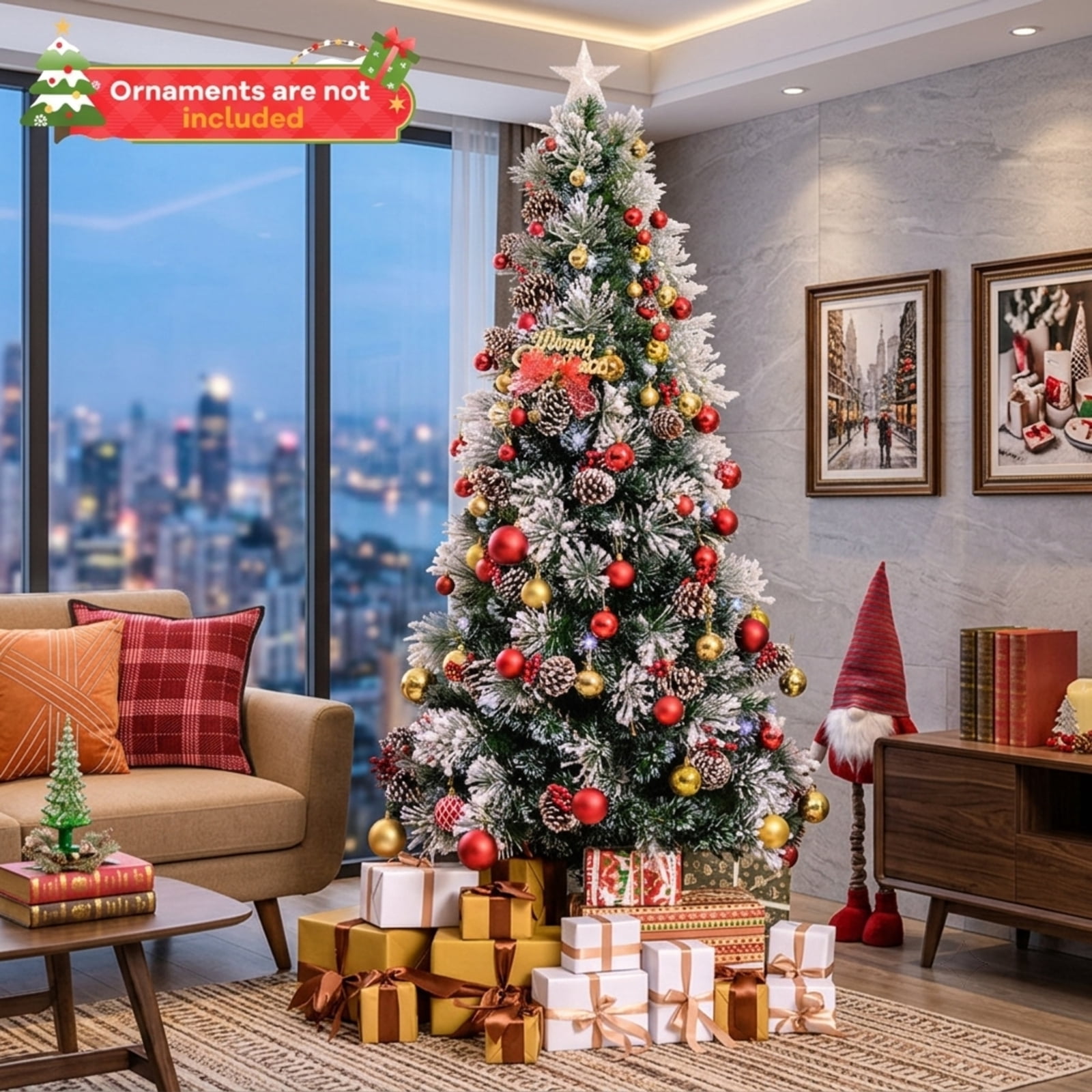 RUIE 7 ft Flocked Christmas Tree, Pre-Lit Green White Artificial Xmas Tree with 8 Lighting Modes, Pine Cones and Treetop Star Light