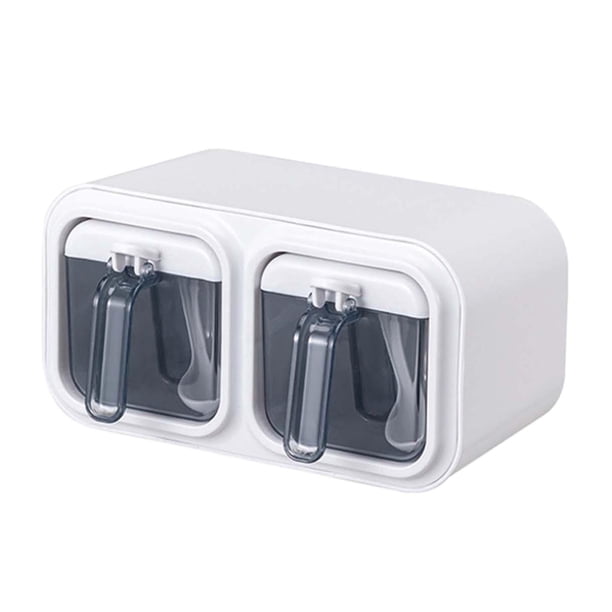 Caja de condimentos Tarro de condimentos con cucharas Botes de especias Ollas de especias de cocina para 2 Rejillas Blancas