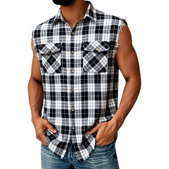 Fabrcox Plaid Sleeveless Flannel Shirt Men Collared Button Down Tank Top for Men Big and Tall Color Block Lightweight Outdoor Vest Shirts with Pockets Gray XL
